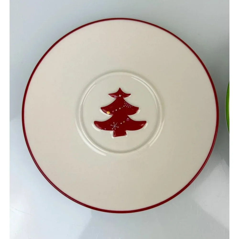 Starbucks 2006 Set of 2 Christmas Saucer Plates, Red Tree, Green Blue Stocking